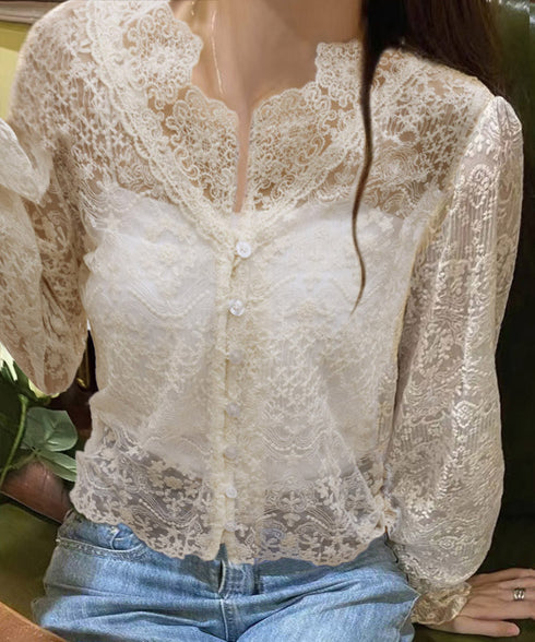 花柄レースブラウス 韓国風シアートップス きれいめトップス春夏 キャンディスリーブブラウスレディースおしゃれ 長袖シースルートップス透け感 フェミニン服大人可愛い 90CHENXINI-016