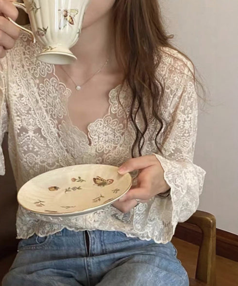 花柄レースブラウス 韓国風シアートップス きれいめトップス春夏 キャンディスリーブブラウスレディースおしゃれ 長袖シースルートップス透け感 フェミニン服大人可愛い 90CHENXINI-016