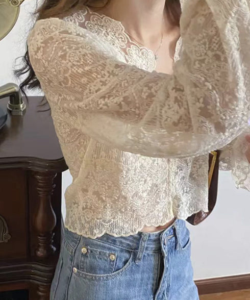 花柄レースブラウス 韓国風シアートップス きれいめトップス春夏 キャンディスリーブブラウスレディースおしゃれ 長袖シースルートップス透け感 フェミニン服大人可愛い 90CHENXINI-016