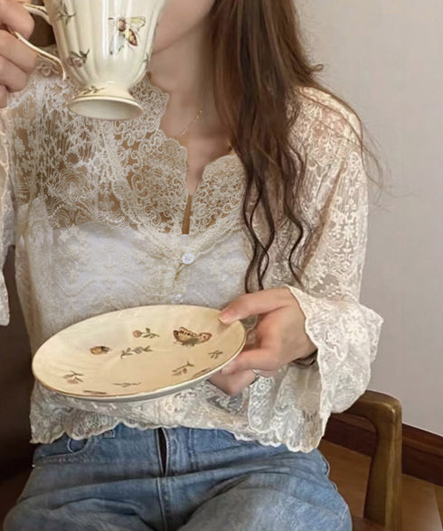 花柄レースブラウス 韓国風シアートップス きれいめトップス春夏 キャンディスリーブブラウスレディースおしゃれ 長袖シースルートップス透け感 フェミニン服大人可愛い 90CHENXINI-016