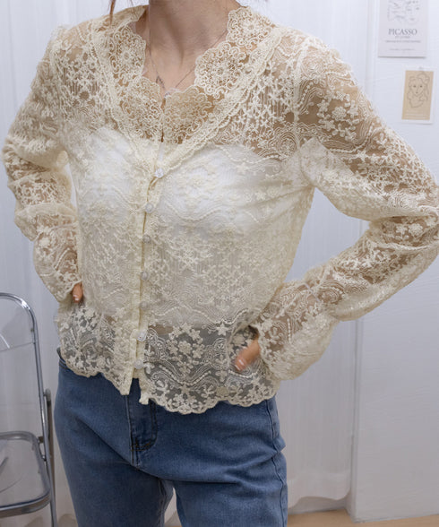 花柄レースブラウス 韓国風シアートップス きれいめトップス春夏 キャンディスリーブブラウスレディースおしゃれ 長袖シースルートップス透け感 フェミニン服大人可愛い 90CHENXINI-016