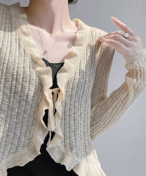 フリルボレロ 薄手ニットカーディガン春夏 レディース ショート丈サマーニットトップス きれいめ 長袖羽織り 大人可愛いシアーカーディガン 紫外線対策 冷房対策上着 90CHENXINI-017