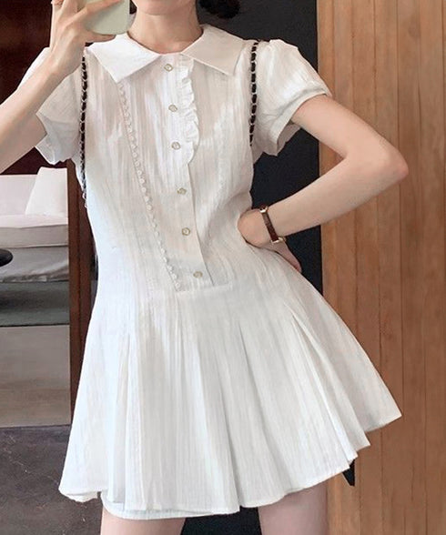 プリーツミニワンピース セットアップ春夏 レディース フリルチュニックワンピース&ショート パンツ2点セット ロマンチックガーリーAラインワンピース 清楚な制服風 90CHENXINI-019