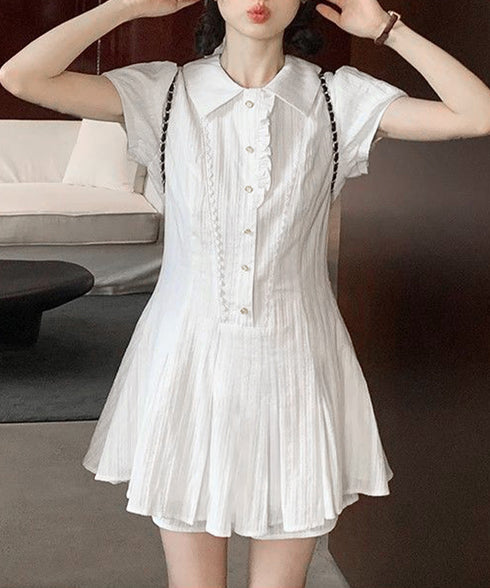 プリーツミニワンピース セットアップ春夏 レディース フリルチュニックワンピース&ショート パンツ2点セット ロマンチックガーリーAラインワンピース 清楚な制服風 90CHENXINI-019