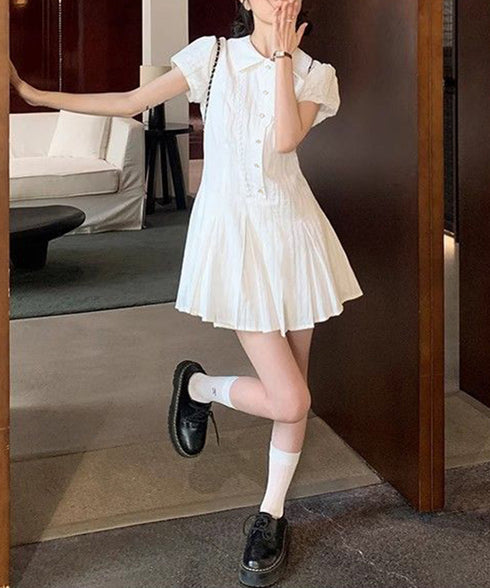 プリーツミニワンピース セットアップ春夏 レディース フリルチュニックワンピース&ショート パンツ2点セット ロマンチックガーリーAラインワンピース 清楚な制服風 90CHENXINI-019