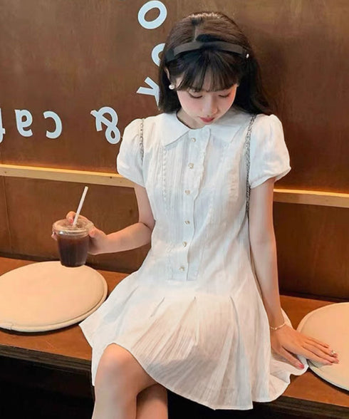 プリーツミニワンピース セットアップ春夏 レディース フリルチュニックワンピース&ショート パンツ2点セット ロマンチックガーリーAラインワンピース 清楚な制服風 90CHENXINI-019