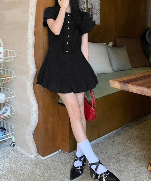 プリーツミニワンピース セットアップ春夏 レディース フリルチュニックワンピース&ショート パンツ2点セット ロマンチックガーリーAラインワンピース 清楚な制服風 90CHENXINI-019