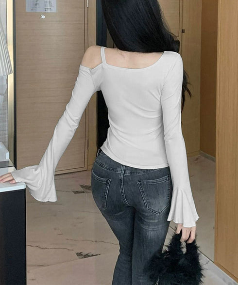 ワンオフショルダーTシャツギャザー 長袖 肩出しドロストtシャツ レディース リボンタイトTシャツ肩あき セクシートップス お洒落 アンバランスヘムtシャツ 薄手 90CHENXINI-021