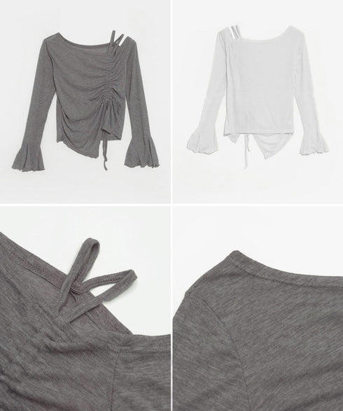 ワンオフショルダーTシャツギャザー 長袖 肩出しドロストtシャツ レディース リボンタイトTシャツ肩あき セクシートップス お洒落 アンバランスヘムtシャツ 薄手 90CHENXINI-021