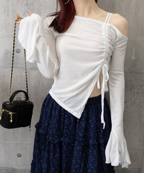 ワンオフショルダーTシャツギャザー 長袖 肩出しドロストtシャツ レディース リボンタイトTシャツ肩あき セクシートップス お洒落 アンバランスヘムtシャツ 薄手 90CHENXINI-021