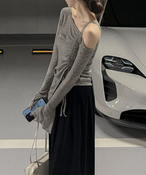 ワンオフショルダーTシャツギャザー 長袖 肩出しドロストtシャツ レディース リボンタイトTシャツ肩あき セクシートップス お洒落 アンバランスヘムtシャツ 薄手 90CHENXINI-021