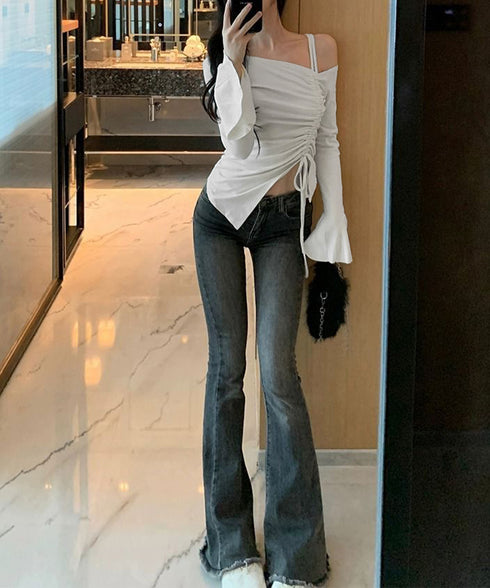 ワンオフショルダーTシャツギャザー 長袖 肩出しドロストtシャツ レディース リボンタイトTシャツ肩あき セクシートップス お洒落 アンバランスヘムtシャツ 薄手 90CHENXINI-021