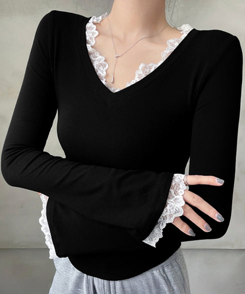 レース付TシャツVネック長袖リブトップス レディース細身Tシャツ タイトトップスセクシー 韓国風 大人可愛いカットソー サイドギャザー おしゃれインナートップス 90CHENXINI-022