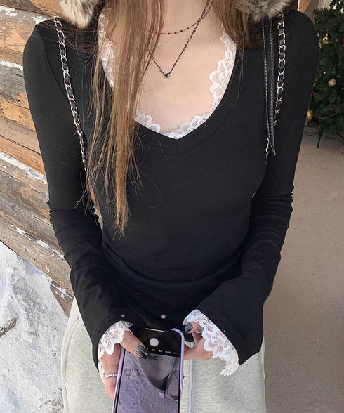 レース付TシャツVネック長袖リブトップス レディース細身Tシャツ タイトトップスセクシー 韓国風 大人可愛いカットソー サイドギャザー おしゃれインナートップス 90CHENXINI-022