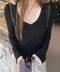 レース付TシャツVネック長袖リブトップス レディース細身Tシャツ タイトトップスセクシー 韓国風 大人可愛いカットソー サイドギャザー おしゃれインナートップス 90CHENXINI-022