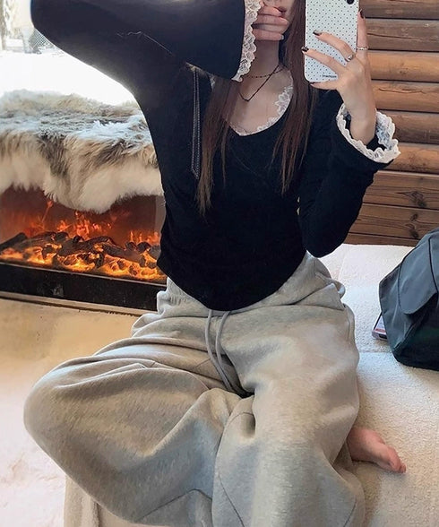 レース付TシャツVネック長袖リブトップス レディース細身Tシャツ タイトトップスセクシー 韓国風 大人可愛いカットソー サイドギャザー おしゃれインナートップス 90CHENXINI-022