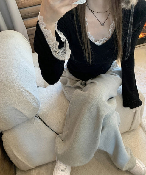 レース付TシャツVネック長袖リブトップス レディース細身Tシャツ タイトトップスセクシー 韓国風 大人可愛いカットソー サイドギャザー おしゃれインナートップス 90CHENXINI-022