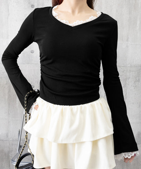 レース付TシャツVネック長袖リブトップス レディース細身Tシャツ タイトトップスセクシー 韓国風 大人可愛いカットソー サイドギャザー おしゃれインナートップス 90CHENXINI-022