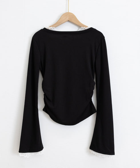 レース付TシャツVネック長袖リブトップス レディース細身Tシャツ タイトトップスセクシー 韓国風 大人可愛いカットソー サイドギャザー おしゃれインナートップス 90CHENXINI-022