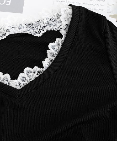 レース付TシャツVネック長袖リブトップス レディース細身Tシャツ タイトトップスセクシー 韓国風 大人可愛いカットソー サイドギャザー おしゃれインナートップス 90CHENXINI-022