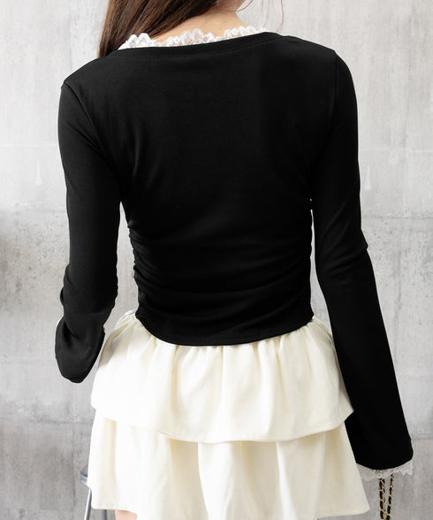 レース付TシャツVネック長袖リブトップス レディース細身Tシャツ タイトトップスセクシー 韓国風 大人可愛いカットソー サイドギャザー おしゃれインナートップス 90CHENXINI-022