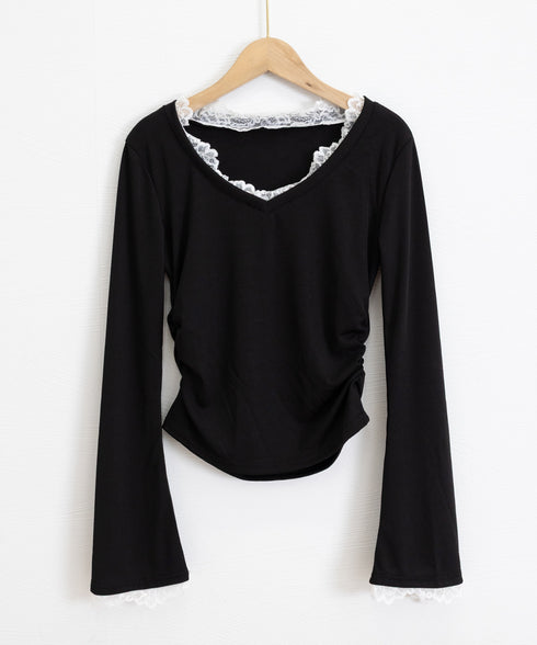 レース付TシャツVネック長袖リブトップス レディース細身Tシャツ タイトトップスセクシー 韓国風 大人可愛いカットソー サイドギャザー おしゃれインナートップス 90CHENXINI-022