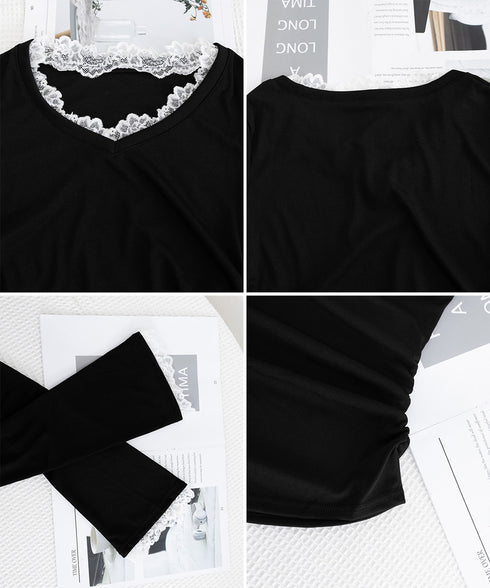 レース付TシャツVネック長袖リブトップス レディース細身Tシャツ タイトトップスセクシー 韓国風 大人可愛いカットソー サイドギャザー おしゃれインナートップス 90CHENXINI-022