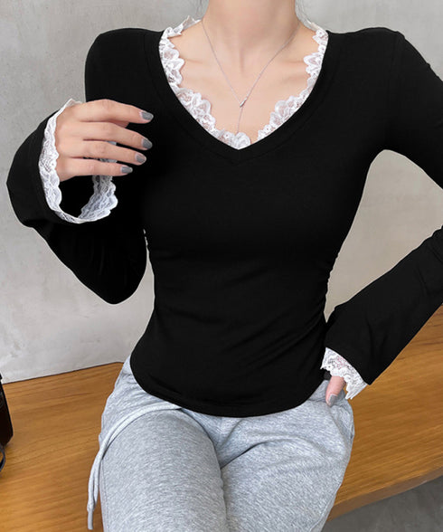 レース付TシャツVネック長袖リブトップス レディース細身Tシャツ タイトトップスセクシー 韓国風 大人可愛いカットソー サイドギャザー おしゃれインナートップス 90CHENXINI-022