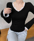 レース付TシャツVネック長袖リブトップス レディース細身Tシャツ タイトトップスセクシー 韓国風 大人可愛いカットソー サイドギャザー おしゃれインナートップス 90CHENXINI-022