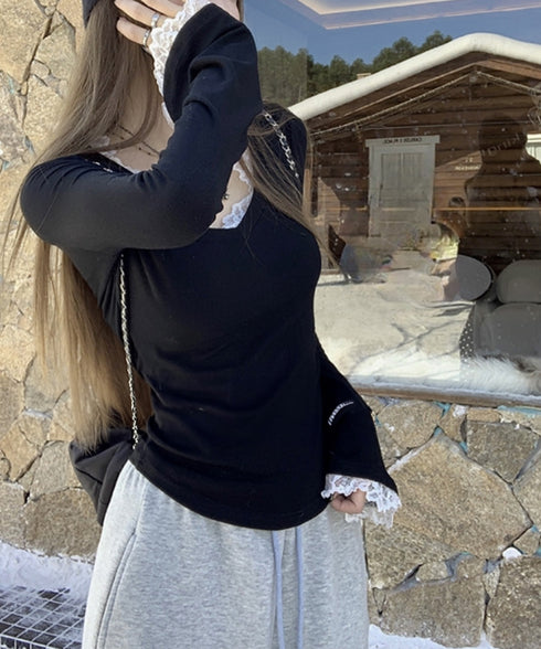 レース付TシャツVネック長袖リブトップス レディース細身Tシャツ タイトトップスセクシー 韓国風 大人可愛いカットソー サイドギャザー おしゃれインナートップス 90CHENXINI-022