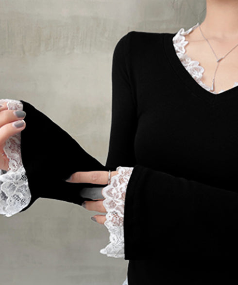 レース付TシャツVネック長袖リブトップス レディース細身Tシャツ タイトトップスセクシー 韓国風 大人可愛いカットソー サイドギャザー おしゃれインナートップス 90CHENXINI-022