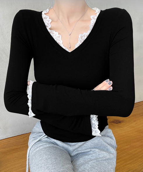 レース付TシャツVネック長袖リブトップス レディース細身Tシャツ タイトトップスセクシー 韓国風 大人可愛いカットソー サイドギャザー おしゃれインナートップス 90CHENXINI-022