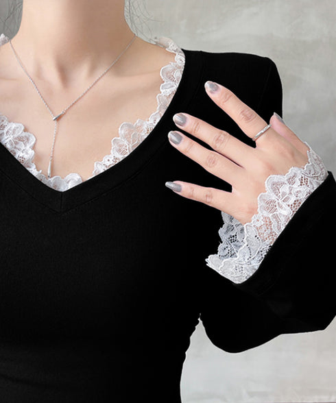 レース付TシャツVネック長袖リブトップス レディース細身Tシャツ タイトトップスセクシー 韓国風 大人可愛いカットソー サイドギャザー おしゃれインナートップス 90CHENXINI-022