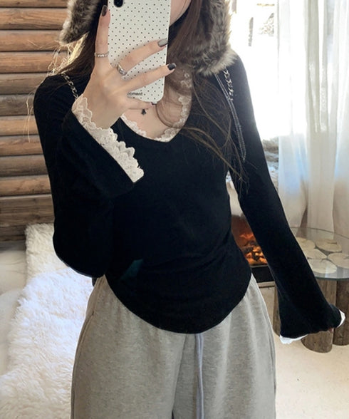 レース付TシャツVネック長袖リブトップス レディース細身Tシャツ タイトトップスセクシー 韓国風 大人可愛いカットソー サイドギャザー おしゃれインナートップス 90CHENXINI-022