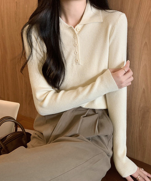 ポロリブニットトップス ベーシック春秋服 レディース 大人カジュアル 襟付きニット きれいめニットセーター 細見え無地ニットインナー お洒落ニットソー秋冬 韓国風 90CHENXINI-023