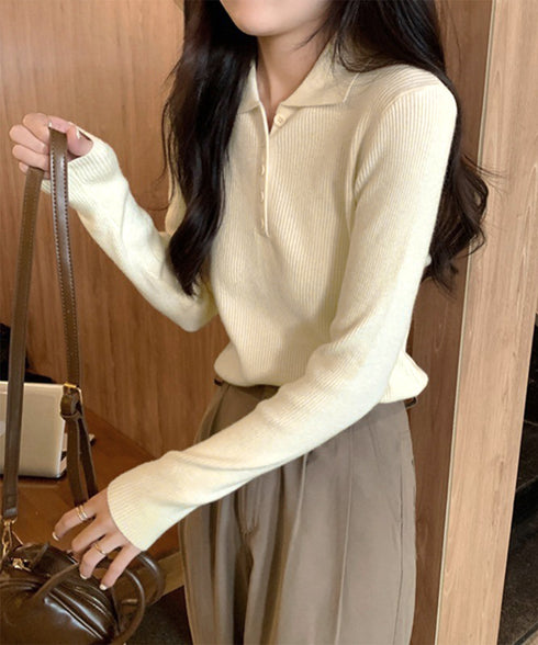 ポロリブニットトップス ベーシック春秋服 レディース 大人カジュアル 襟付きニット きれいめニットセーター 細見え無地ニットインナー お洒落ニットソー秋冬 韓国風 90CHENXINI-023