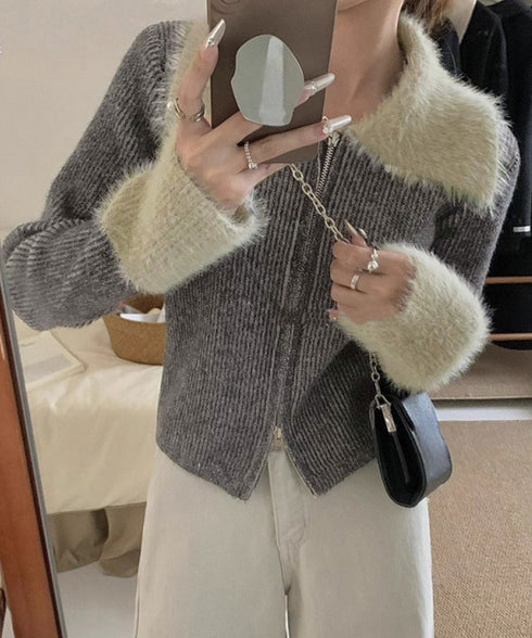 ダブルジップニットカーディガンショート丈 ファーカラー付き リブニットトップス 秋冬配色ニット レディースバイカラー長袖カーディガン 前開き2wayニットセーター 90CHENXINI-024