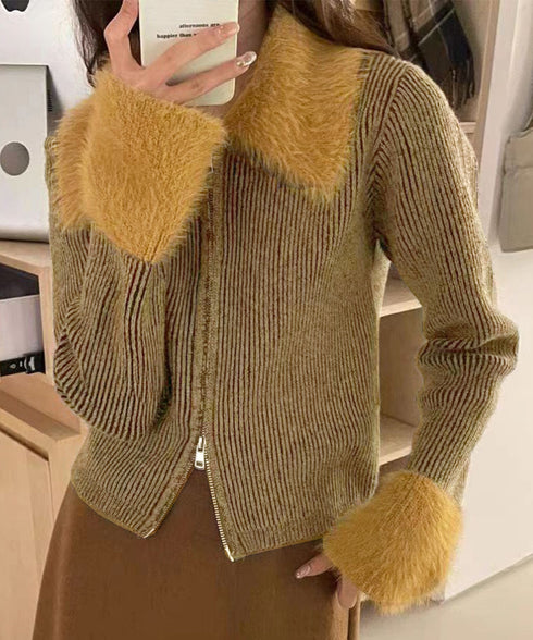 ダブルジップニットカーディガンショート丈 ファーカラー付き リブニットトップス 秋冬配色ニット レディースバイカラー長袖カーディガン 前開き2wayニットセーター 90CHENXINI-024