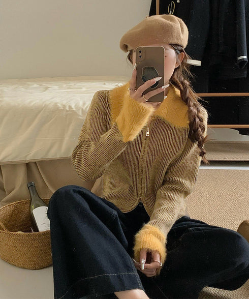 ダブルジップニットカーディガンショート丈 ファーカラー付き リブニットトップス 秋冬配色ニット レディースバイカラー長袖カーディガン 前開き2wayニットセーター 90CHENXINI-024