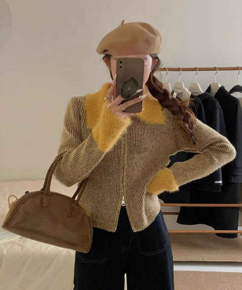 ダブルジップニットカーディガンショート丈 ファーカラー付き リブニットトップス 秋冬配色ニット レディースバイカラー長袖カーディガン 前開き2wayニットセーター 90CHENXINI-024