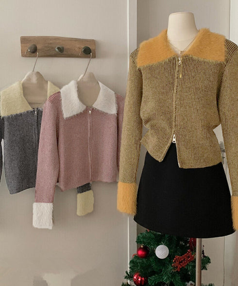 ダブルジップニットカーディガンショート丈 ファーカラー付き リブニットトップス 秋冬配色ニット レディースバイカラー長袖カーディガン 前開き2wayニットセーター 90CHENXINI-024