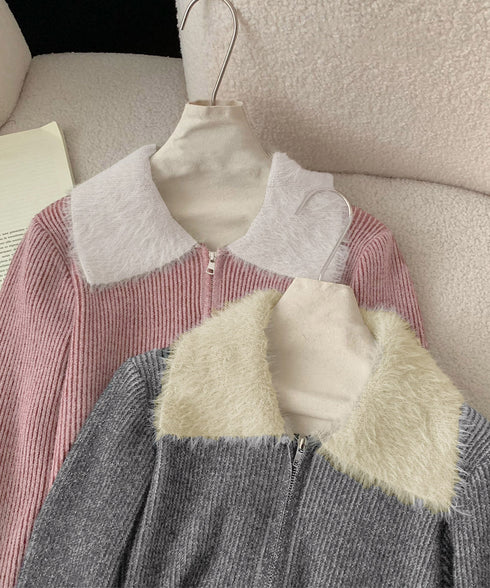 ダブルジップニットカーディガンショート丈 ファーカラー付き リブニットトップス 秋冬配色ニット レディースバイカラー長袖カーディガン 前開き2wayニットセーター 90CHENXINI-024