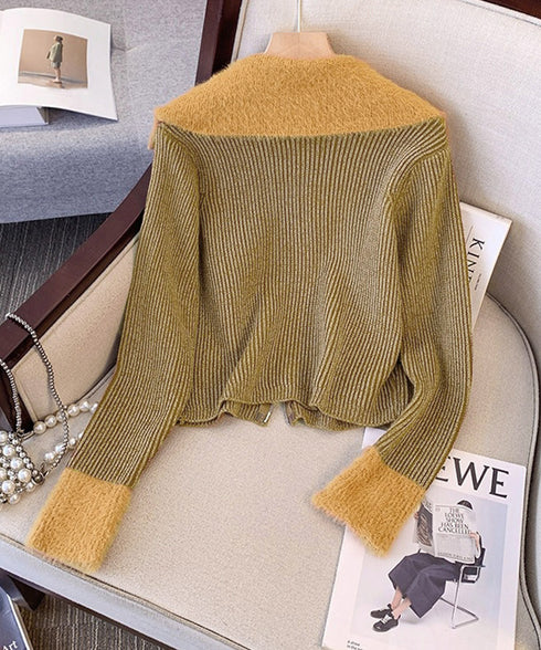 ダブルジップニットカーディガンショート丈 ファーカラー付き リブニットトップス 秋冬配色ニット レディースバイカラー長袖カーディガン 前開き2wayニットセーター 90CHENXINI-024