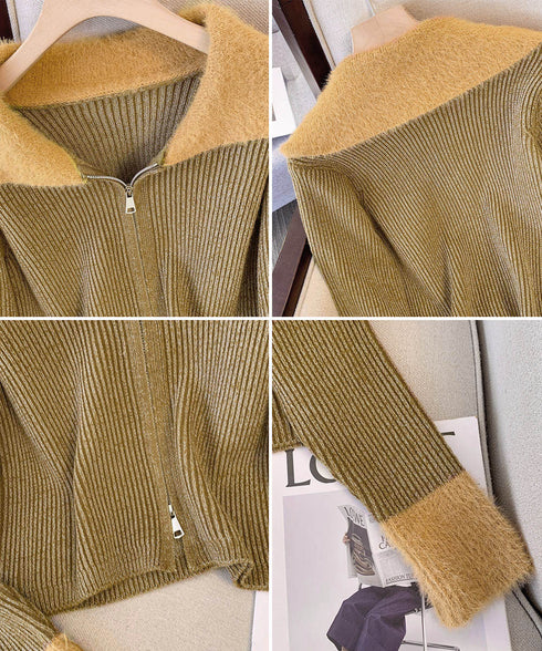 ダブルジップニットカーディガンショート丈 ファーカラー付き リブニットトップス 秋冬配色ニット レディースバイカラー長袖カーディガン 前開き2wayニットセーター 90CHENXINI-024