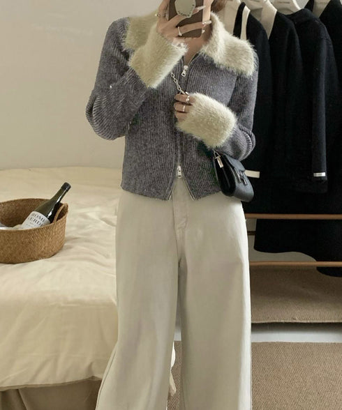 ダブルジップニットカーディガンショート丈 ファーカラー付き リブニットトップス 秋冬配色ニット レディースバイカラー長袖カーディガン 前開き2wayニットセーター 90CHENXINI-024