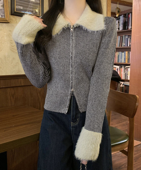 ダブルジップニットカーディガンショート丈 ファーカラー付き リブニットトップス 秋冬配色ニット レディースバイカラー長袖カーディガン 前開き2wayニットセーター 90CHENXINI-024