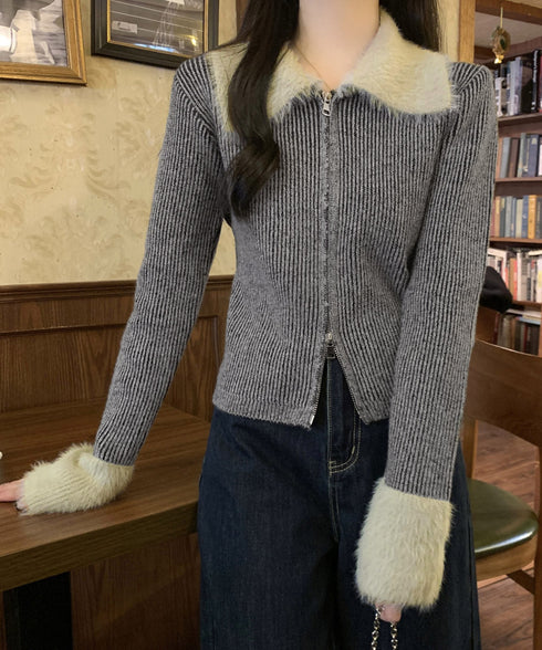 ダブルジップニットカーディガンショート丈 ファーカラー付き リブニットトップス 秋冬配色ニット レディースバイカラー長袖カーディガン 前開き2wayニットセーター 90CHENXINI-024