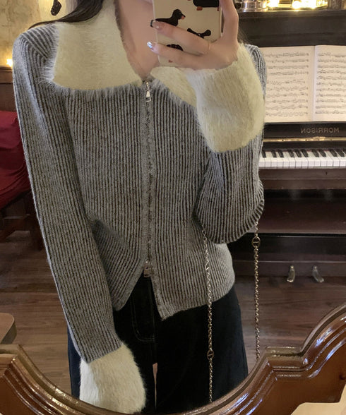 ダブルジップニットカーディガンショート丈 ファーカラー付き リブニットトップス 秋冬配色ニット レディースバイカラー長袖カーディガン 前開き2wayニットセーター 90CHENXINI-024