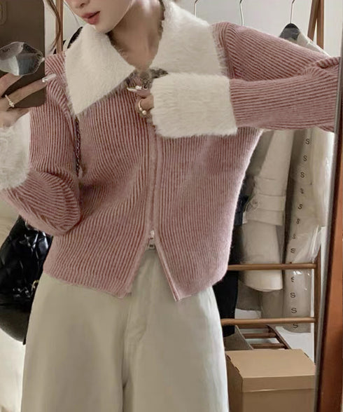 ダブルジップニットカーディガンショート丈 ファーカラー付き リブニットトップス 秋冬配色ニット レディースバイカラー長袖カーディガン 前開き2wayニットセーター 90CHENXINI-024