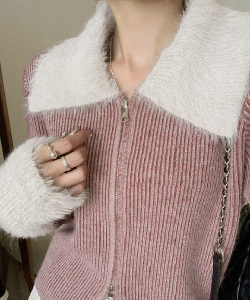 ダブルジップニットカーディガンショート丈 ファーカラー付き リブニットトップス 秋冬配色ニット レディースバイカラー長袖カーディガン 前開き2wayニットセーター 90CHENXINI-024